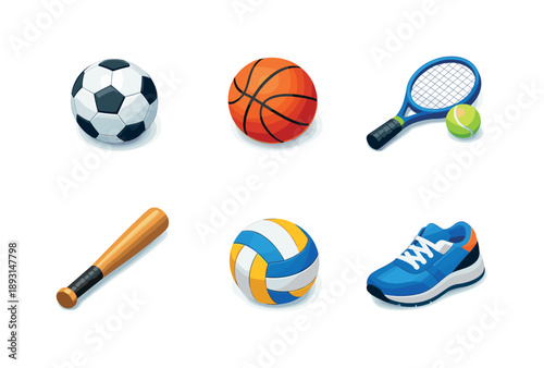 Isometric Sports Icons. Sports. Isometric flat vector icons set of Sports: soccer ball, basketball, tennis racket, baseball bat, volleyball, running shoe.