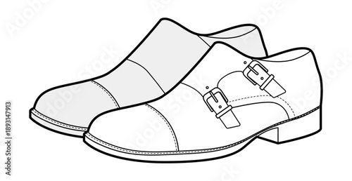 Monkstrap mens double buckle sketch pair. Twin strap leather footwear modern formal smart casual style. Technical fashion illustration CAD mockup sketch vector women unisex isolated.