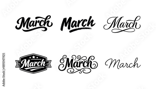 Diverse March Lettering. March. Set lettering. harmonious lettering variations of the same emblematic concept, each with different artistic interpretation