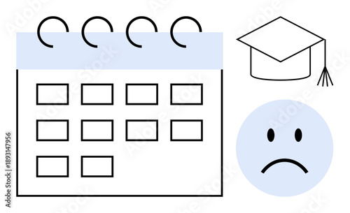 Academic deadline. A calendar highlights a deadline linked to education. Graduation cap and sad face indicate academic struggles or missed deadlines. Perfect for education, stress, planning