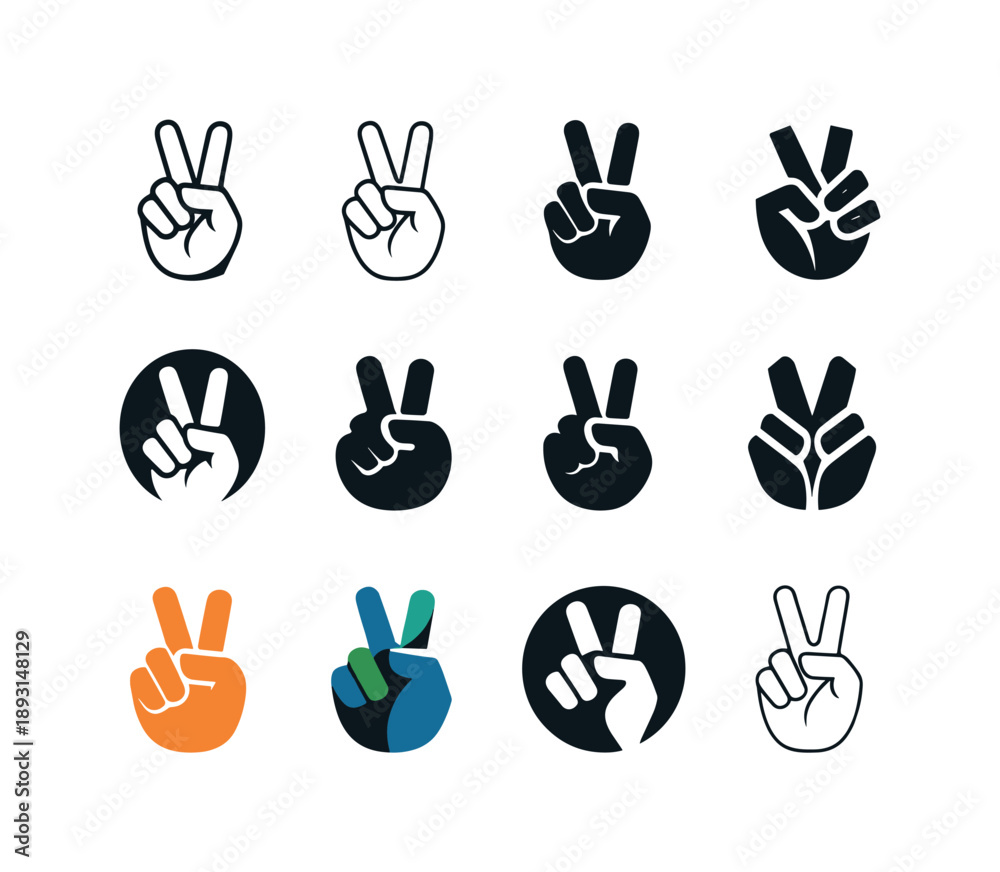 Fototapeta premium Expressive Hand Logos. Expressive hands. Icon set. Set Logo of expressive hands: peace sign fingers. harmonious logo variations of the same emblematic concept,
