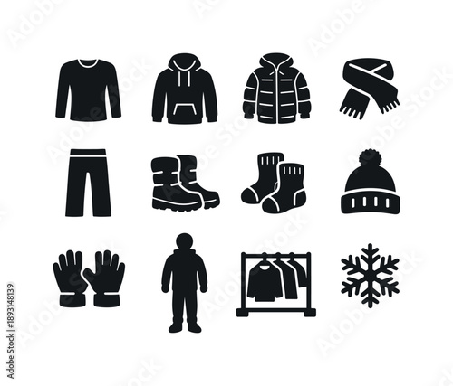 Winter Clothing Icons. Winter Prep Outfit. Solid icon set of Winter Prep Outfit: thermal shirt, hoodie, insulated jacket, scarf, thick pants, winter boots,