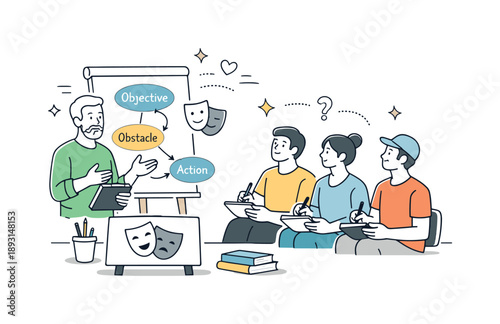 Acting Coach Guidance. Acting techniques. An acting coach calmly explaining a concept with visual cues, actors listening attentively and taking notes. The