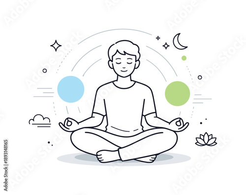 Serene Meditation Illustration. Mindfulness and clarity. A person practices quiet meditation with a relaxed posture and steady breathing. Stillness, presence,