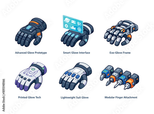 Futuristic Space Gloves. Future Space Gear. Isometric flat vector icons set of Future Space Gear: advanced glove prototype, smart glove interface, exo-glove