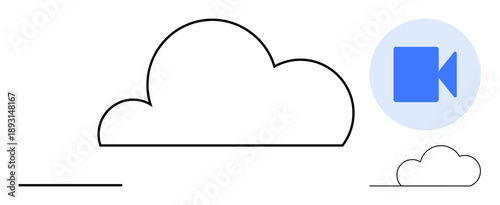 Cloud storage, virtual meetings, technology services, digital communication, online collaboration, media sharing. Minimalist cloud artwork with a video camera. Cloud storage and virtual meetings