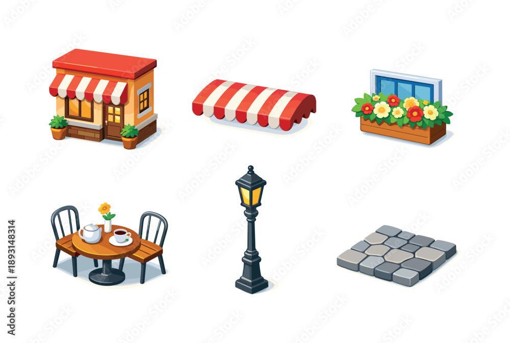 Obraz premium Street Cafe Icons. Street cafe outdoor scene. Isometric flat vector icons set of Street cafe outdoor scene: cafe facade storefront, striped awning, window