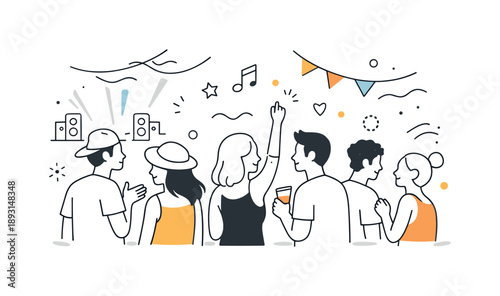 Festival Vibrance. Festival crowd moment. A group of people watching a performance, lightly moving and chatting with each other. Abstract shapes and rhythm