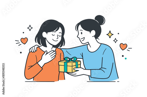 Gift of Gratitude. Friends exchanging gifts gratitude. One friend thanking another with a warm gesture after receiving a present. Appreciation and emotional