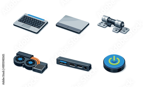 Isometric Laptop Hardware Icons. Laptop hardware. Isometric flat vector icons set of Laptop hardware: laptop keyboard module, laptop touchpad surface, hinge