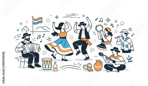 Traditional Music Festival. Traditional music celebration. People dancing and playing music during a local festival, expressing joy and identity. Lively yet