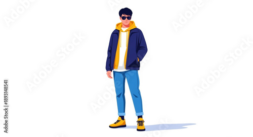 Young man wearing casual clothes and sunglasses standing.