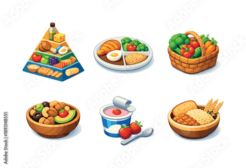 Balanced Diet Icons. Balanced Diet. Isometric flat vector icons set of Balanced Diet: food pyramid blocks, protein plate portion, vegetable basket, healthy