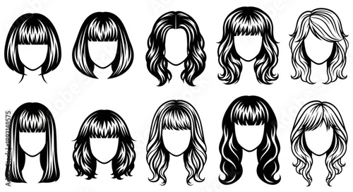 Collection of diverse female hairstyles in black and white illustration.
