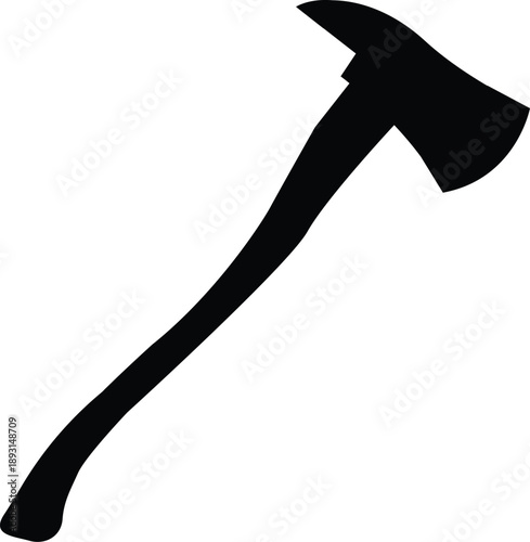 Black fire axe silhouette vector icon featuring a firefighter hatchet shape isolated on white for fire department logos, emergency rescue signs, and safety equipment graphic themes.