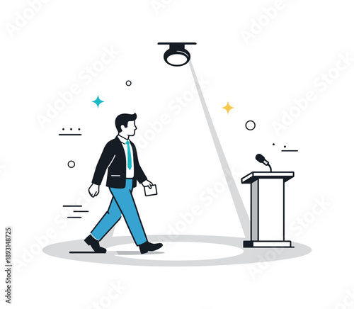 Stage Spotlight Moment. Spotlight shining on stage. A speaker approaching the center of a stage as the spotlight turns on, calm movement and controlled