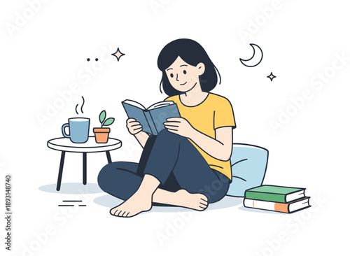 Serene Book Moment. Quiet reading time. A character enjoying a book in a relaxed pose, free from distractions. Calm focus and mindful pause in a