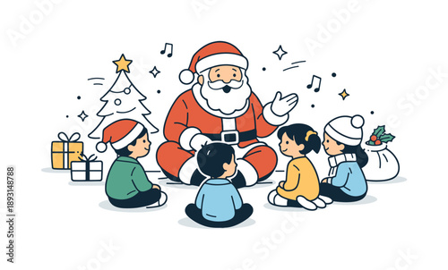 Festive Santa Gathering. Santa Claus with children. Santa sitting with children gathered around, listening attentively. Warm festive atmosphere and gentle