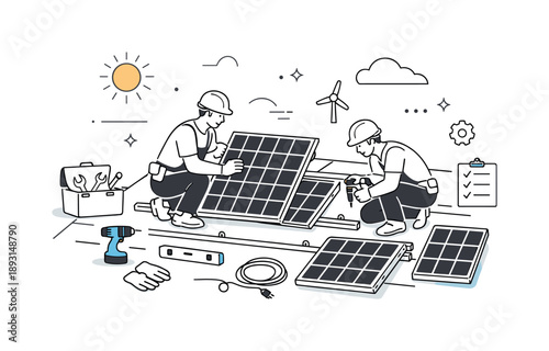 Solar Panel Installation. Solar panel installation. Technicians mounting solar panels on a rooftop, calm and organized renewable energy work scene. Clean