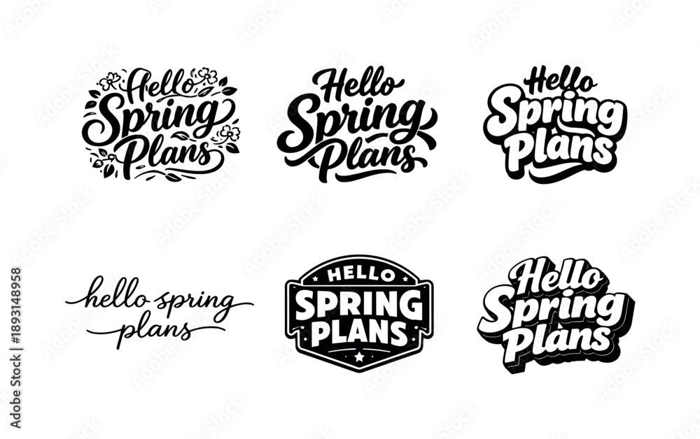 Fototapeta premium Creative Lettering Styles. Hello Spring Plans. Set lettering. harmonious lettering variations of the same emblematic concept, each with different artistic