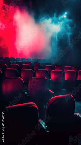 A movie theater with red seats and a blue light