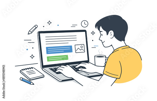 Focus on Writing. Writing process ? drafting content. Person typing on a laptop with text blocks appearing on the screen, steady and focused work rhythm. Clean