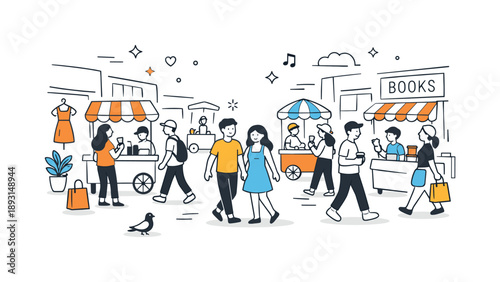 Vibrant Urban Stroll. Urban retail atmosphere. People walking through a pedestrian zone with shops and vendor carts on both sides. The mood feels active,
