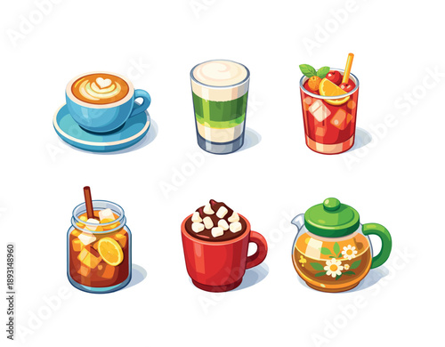 Colorful Specialty Drinks. Specialty Drinks. Isometric flat vector icons set of Specialty Drinks: artisan coffee cup with foam art, layered matcha latte glass,