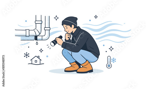 Basement Pipe Inspection. Cold weather inspection. A person crouching to examine basement pipes, thoughtful expression and quiet focus, abstract cold air lines
