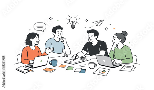 Collaborative Workshop Vibes. Team collaboration and brainstorming. A relaxed workshop setting with laptops, coffee cups, and scattered notes, people calmly