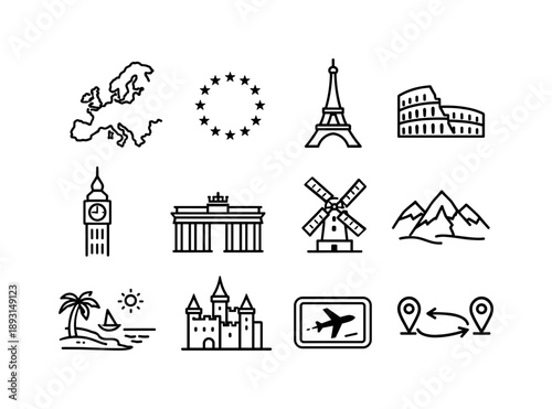 European Line Art Icons. Europe. Line icon set of Europe: Europe map outline, European Union stars circle, Eiffel Tower, Colosseum Rome, Big Ben London,