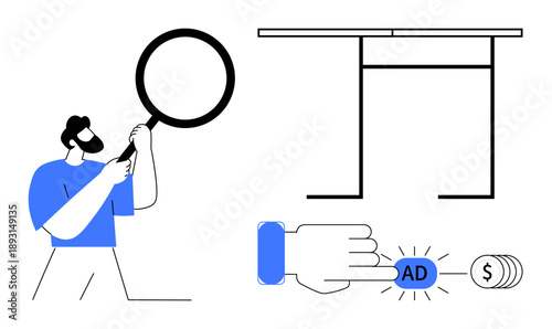 Digital marketing, online research, pay-per-click, advertising strategy, revenue analysis, consumer insights. Person examines magnifying glass, clickable ad button coins for analysis. Digital