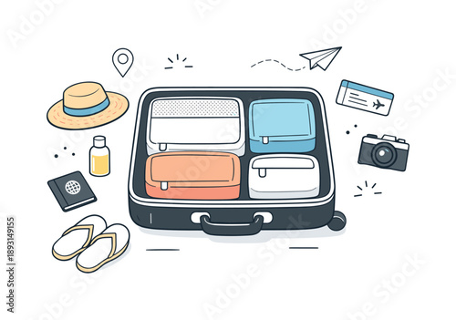 Organized Packing Scene. Minimal travel organization scene. Packing cubes placed inside an open suitcase, neutral tones and tidy layout. Smooth packing