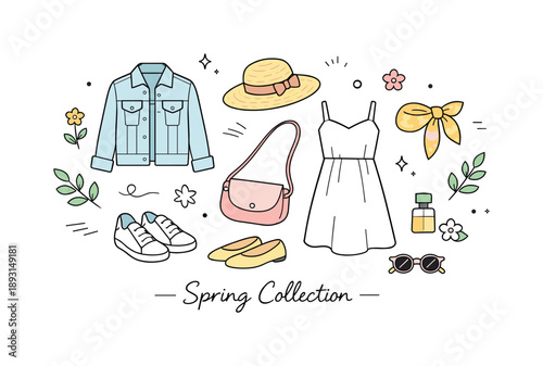 Spring Fashion Display. Spring seasonal collection. Light garments and accessories displayed with subtle floral and leaf accents. The scene feels airy,