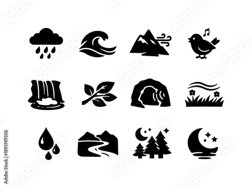 Nature Sound Icons. Soothing nature audio. Solid icon set of soothing nature audio: rainforest rain, ocean wave, mountain wind, bird chirps, waterfall drop,