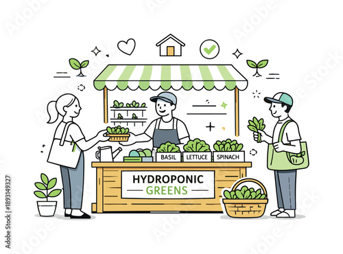 Hydroponic Herb Stall. Local hydroponic food stall. A vendor sells freshly harvested hydroponic herbs and greens directly to customers. Short supply chain,