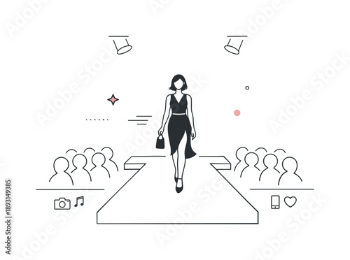 Minimalist Runway Elegance. Minimal runway illustration. Simple catwalk with a single model and subtle abstract spotlight and motion elements, emphasizing