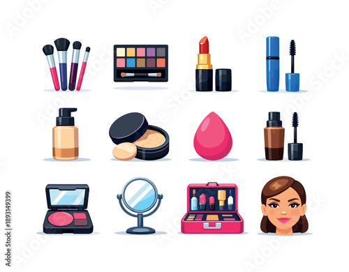 Vibrant Makeup Icons. Professional makeup. Colorful flat vector icons set of Professional makeup: studio brushes, pigment palette, classic lipstick, waterproof