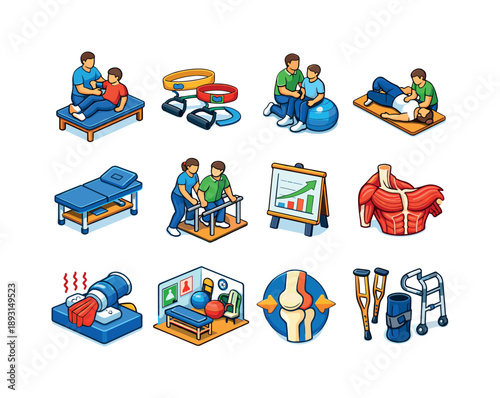 Physical Therapy Icons. Physical Therapy. Colorful isometric vector icons set of Physical Therapy: therapist assisting patient, exercise bands, balance ball,