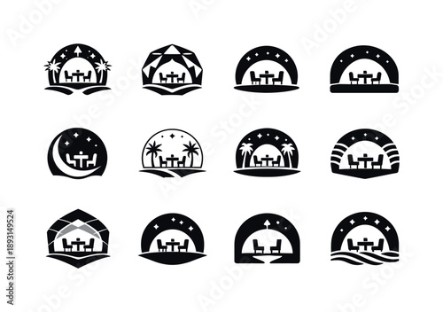 Immersive Dining Logos. Food as an experience and immersive dining. Icon set. Set Logo of food as an experience and immersive dining: immersive dining dome