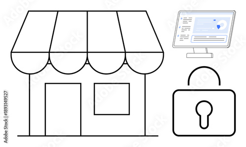 Small business protection, digital security, e-commerce strategies, data safety, customer privacy, online analytics. Storefront with a lock and monitor. Small business security and digital safety