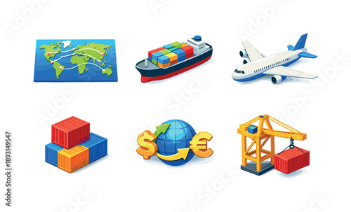 Isometric Global Trade Icons. Global Trade. Isometric flat vector icons set of Global Trade: world map with trade routes, cargo ship with containers, freight