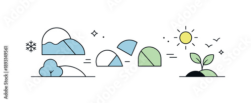 Gentle Geometric Renewal. Between winter and spring. Soft geometric shapes shifting and separating, creating a sense of movement and renewal. The illustration