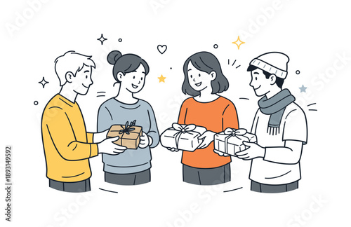 Heartfelt Gift Exchange. Friends exchanging handmade gifts together. Friends standing in a small circle handing each other wrapped handmade presents, warm