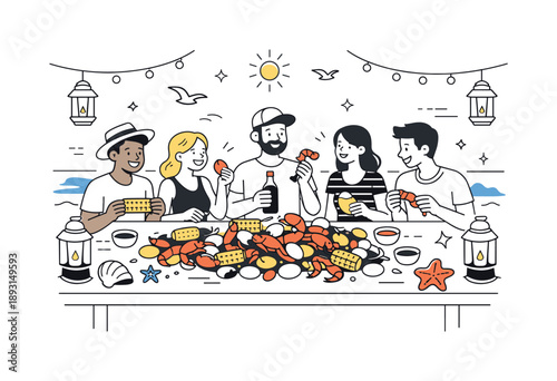 Seaside Seafood Celebration. Seaside seafood boil party. Friends gathered around a large table on the beach, enjoying a colorful seafood boil with shellfish,