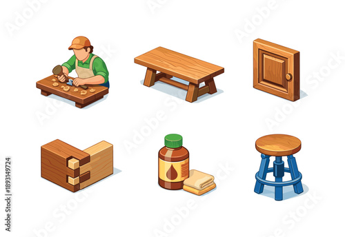 Handcrafted Furniture Icons. Handcrafted Furniture. Isometric flat vector icons set of Handcrafted Furniture: artisan carving wood, solid wood dining table,
