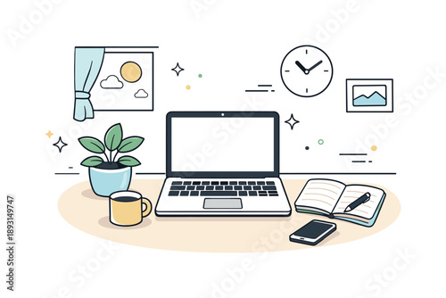 Minimalist Home Office. Home office setup. A tidy home desk with laptop, plant, notebook, and soft light from a window. The scene highlights comfort, focus,