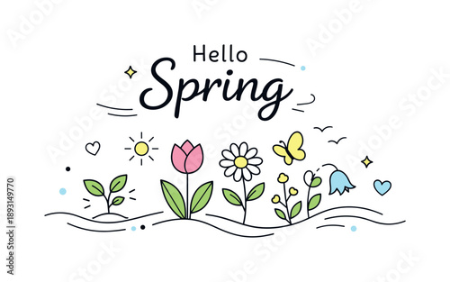 Spring Awakening Illustration. Hello Spring Flat Design ? Spring Awakening. Gentle sprouts, blooming flowers, and flowing lines spreading across a clean
