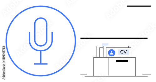 Voice technology. Digital microphone symbol alongside CV documents suggests voice recognition applications in job screening. Voice technology boosting HR efficiency and recruitment. For HR