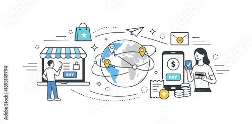 E-commerce Revolution. Future of e-commerce growth. A clean editorial scene combining online storefronts, global connections, and digital payments. Optimistic